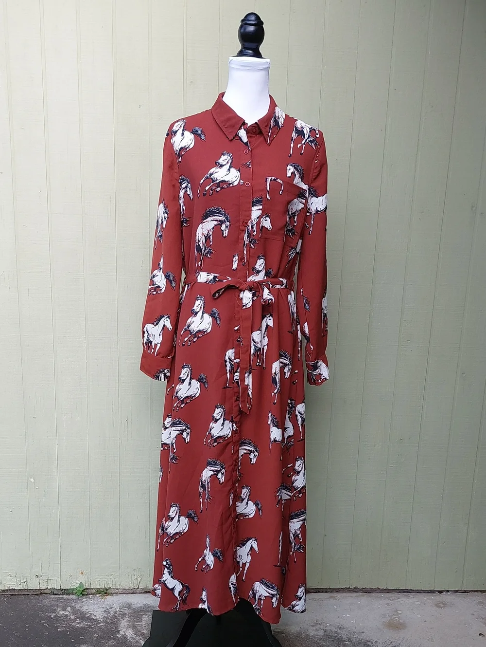 Cotton & Rye Brown White Horse Print Waist Tie Midi Dress Sz L